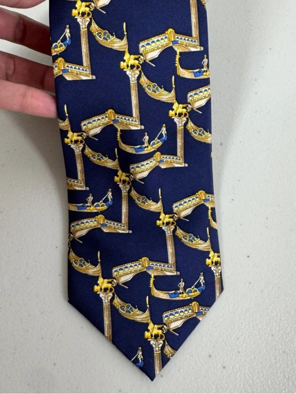 Trevisan Venezia Silk Elegant Navy and Gold Mens Tie Gondola Print Made in Italy